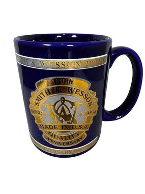 Smith & Wesson 150th Anniversary Mug 1852-2002 Made In USA Navy & Gold Ceramic